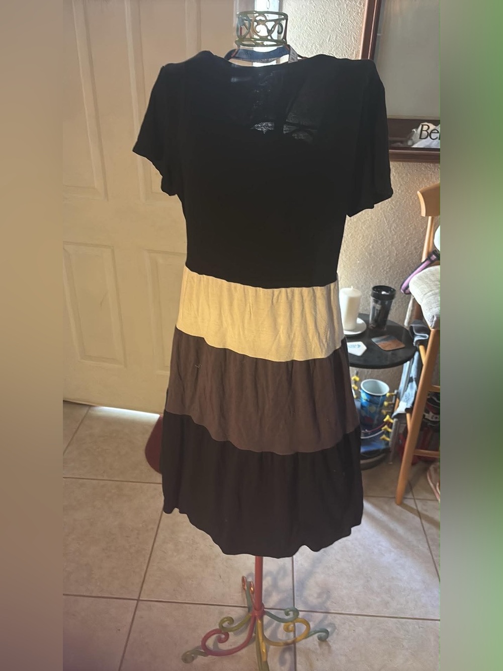 Women’s Colorblock Short-Sleeve Tiered Dress - Black, Cream, Brown
